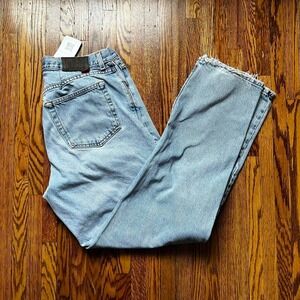 High-waisted DKNY light wash straight leg jeans with distressed hem